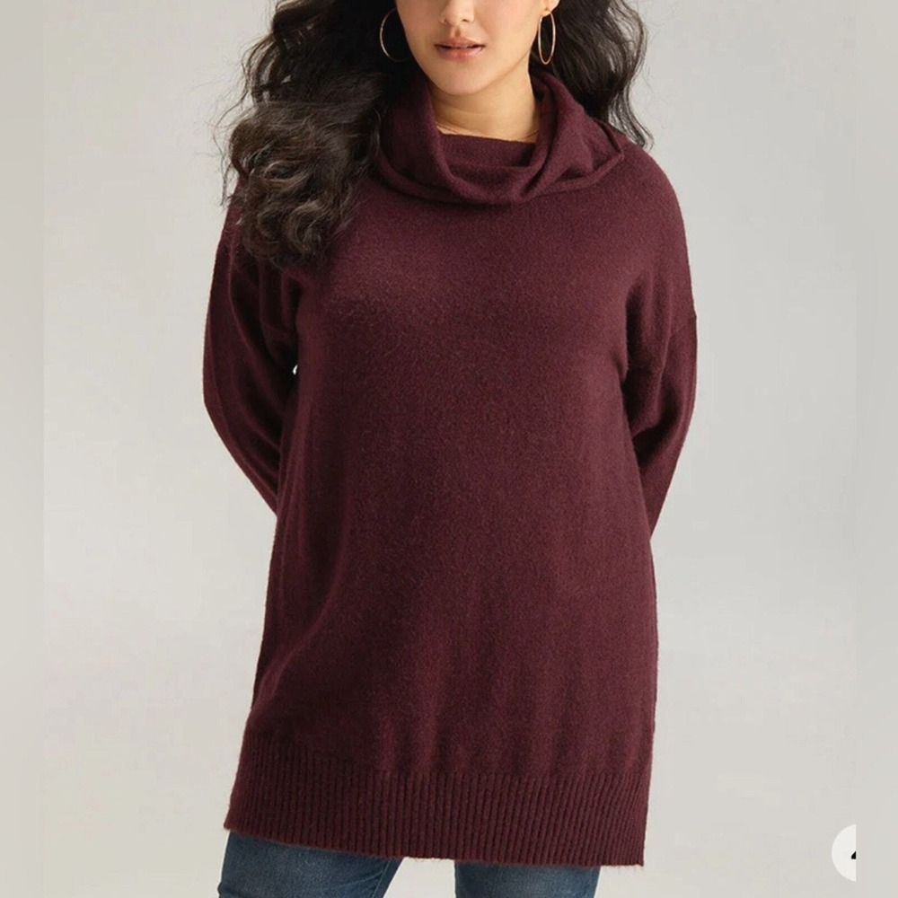 Bloomchic Burgundy Tunic Sweater‎ Tunic Cowl Neck Oversized Long Sleeve 12